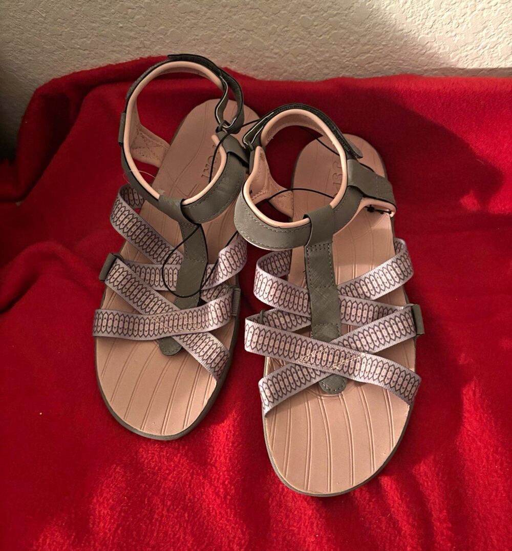 J Sport Women’s Strappy Hook & Loop Sandals Gray Pink Adjustable Strap US 9